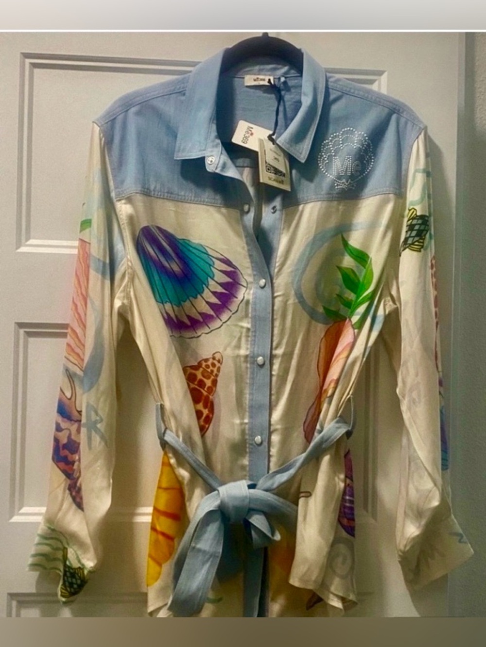 ME369 Ocean Magic Blouse with denim yolk belt Colorful details Large New w Tags